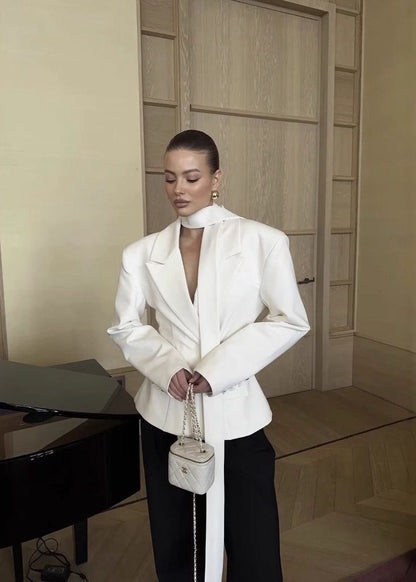 Sculpted Satin Blazer - White Tailored Jacket with Neck Sash
