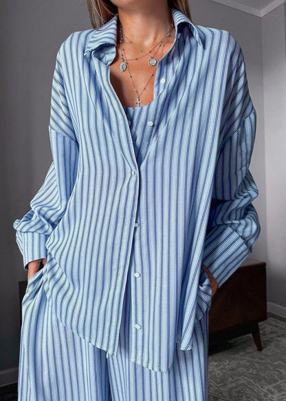 Skyline Stripe 3-Piece Lounge Set – Oversized Shirt, Crop Top & Wide-Leg Pants