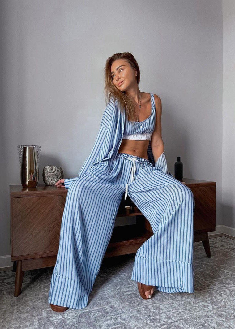 Skyline Stripe 3-Piece Lounge Set – Oversized Shirt, Crop Top & Wide-Leg Pants