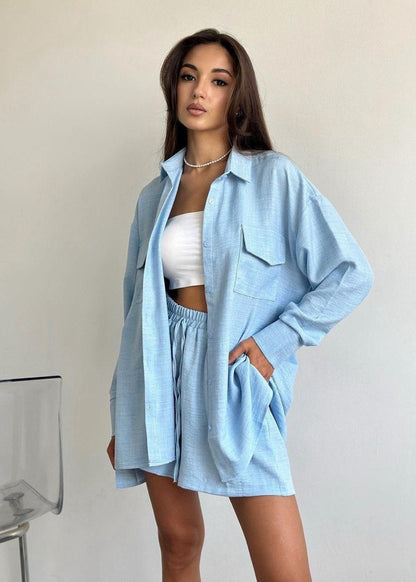 Noelle Beige Set – Button-Down Shirt & Drawstring Shorts