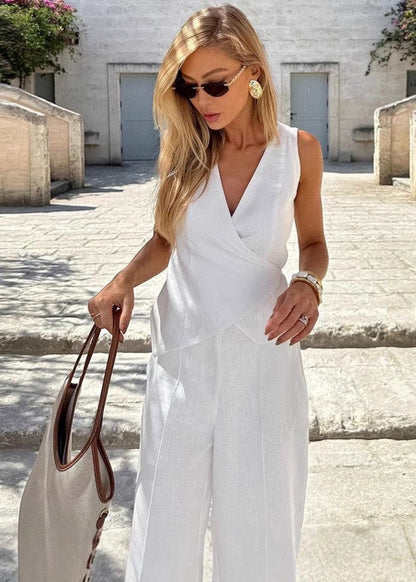 White Haven - Sleeveless Wrap Top & Wide-Leg Trousers Set