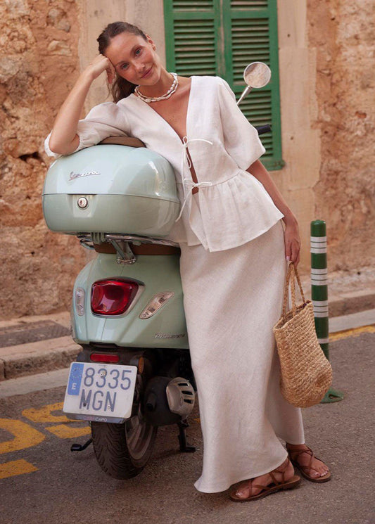Verona - Cotton Peplum Set with Puff Sleeves and Maxi Skirt
