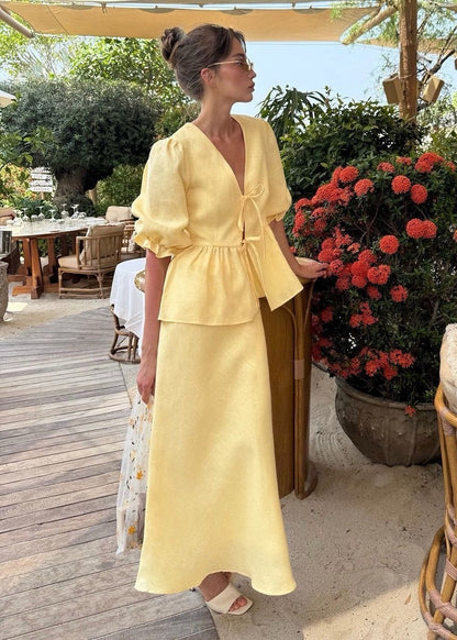 Solara - Puff Sleeve Cotton Set with Tie Waist and Maxi Skirt