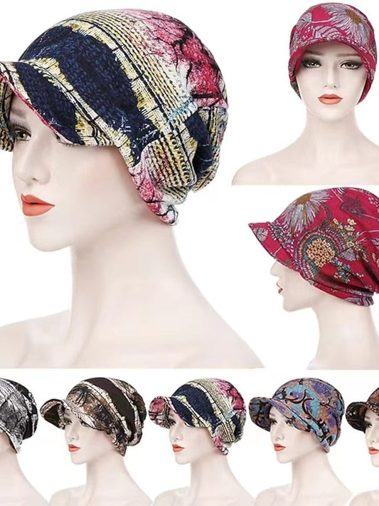 Print Beanies Hat Female Autumn Winter Cotton Baseball Hats Ponytail Vintage Warm Turban Cap Visors Caps for Women