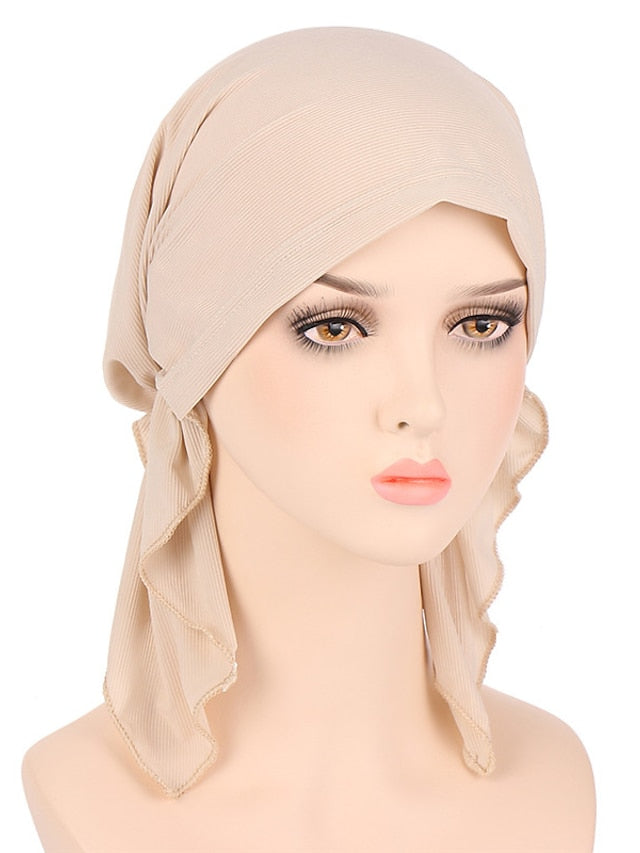 New Elastic Solid Color Wrap Head Scarf Hats Muslim Turban Bonnet For Women Inner Hijab Hat Fashion Female Turbantes Caps for Women