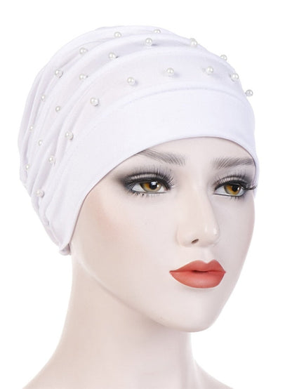 Fashion Muslim Women Turban Scarf Pearl Fold Turban Hat Cancer Chemo Beanies Cap Islamic Wrap Headscarf Musulman Femme Hijab Hair Accessories for Women
