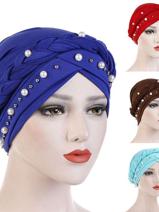 Women Fashion Pearls Muslim Scarf Hijabs Hat Women India Hat Solid Turban Hat Wrap Cap Head Scarf Headscarf Hat Female Hair Accessories for Women