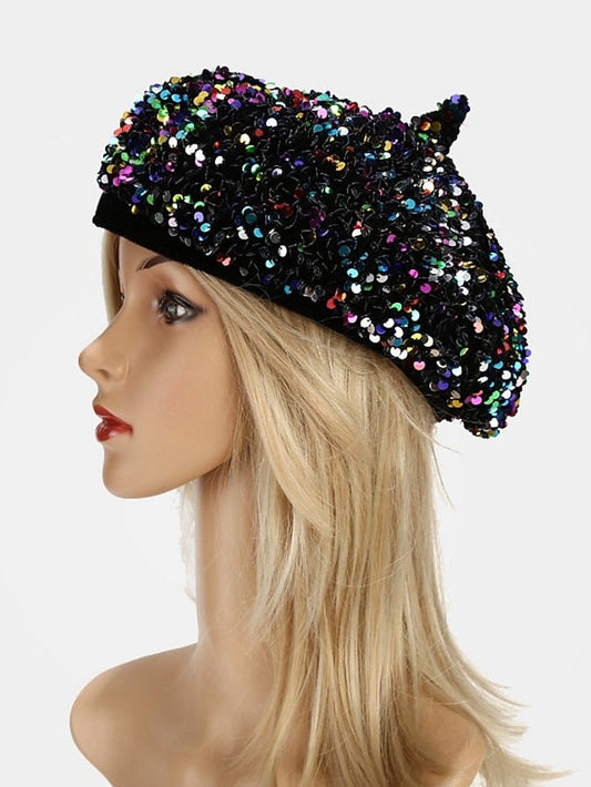 Popular Sequins Painter Hat Female Korean Version Trendy Beret Pub Party British Retro Octagonal Hat for Women