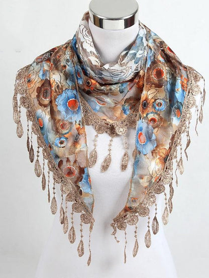 Shawls & Wraps Party Blue Scarf Floral &  Long Triangle Tassel Scarf / Basic / Fall / Winter / Spring for Women