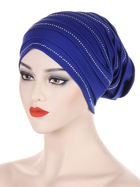 Rhinestones Pleated Turban Cap African Hat Muslim Headscarf Bonnet Ladies Head Wraps for Women