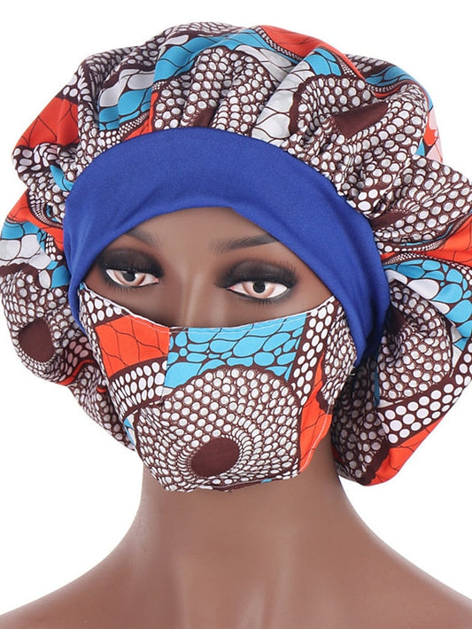 African Pattern Print Satin Bonnet Hijabs Hat Women Night Sleep Cap  with Mask Turban Extra Large Head Wear Lady Head Wrap for Women
