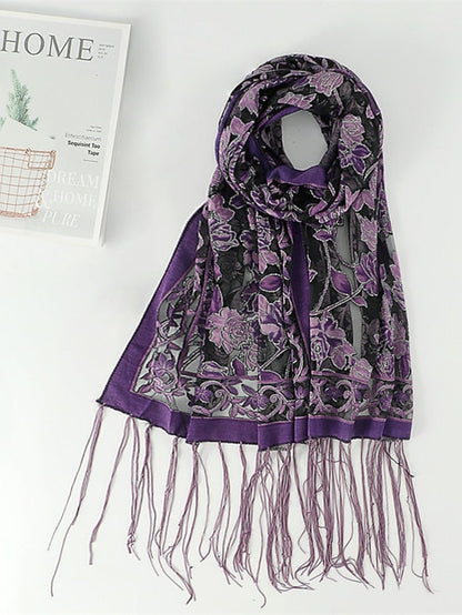 Fashion Women Viscose Scarf Laser Cut Lace Floral Patchwork Tassel Hijab Shawls and Wraps Female Foulards Echarpe for Women
