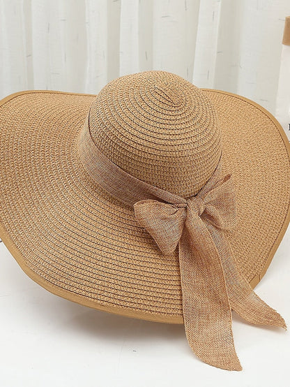 Hat Straw Hat White Khaki Beige Lawn Festival Braided Bow Print Portable Windproof Breathable for Women